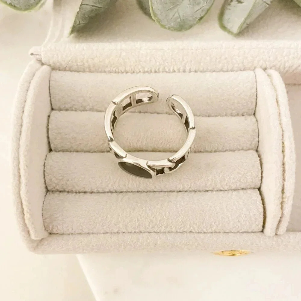 925 Sterling Silver Black Circle Ring Curb Link Ring Chain Link Ring Modern Ring - Picture 5 of 9